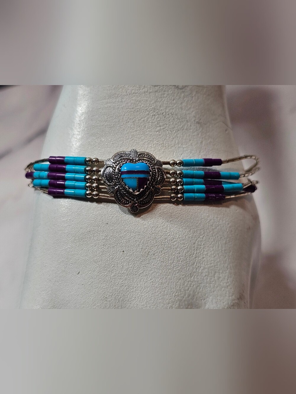 Sterling Liquid Silver Heart Concho Bracelet with Inlaid Stone